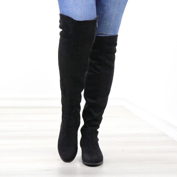 Low Heel Thigh High Boots Faux Suede Back Womens Lace Up Black Above The Knee - Picture 8 of 14
